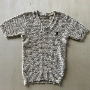 Vintage Hush Puppies Sweater Womens XS Beige Textured Knit Short Sleeve V Neck